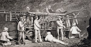 Pokročilá galerie na francouzské straně tunelu Mont Cenis, s „Perforatrices“ v práci, z „Výstupu na Matterhorn“ od Edwarda Whympera, vydaného v 60.–80. letech 19. století